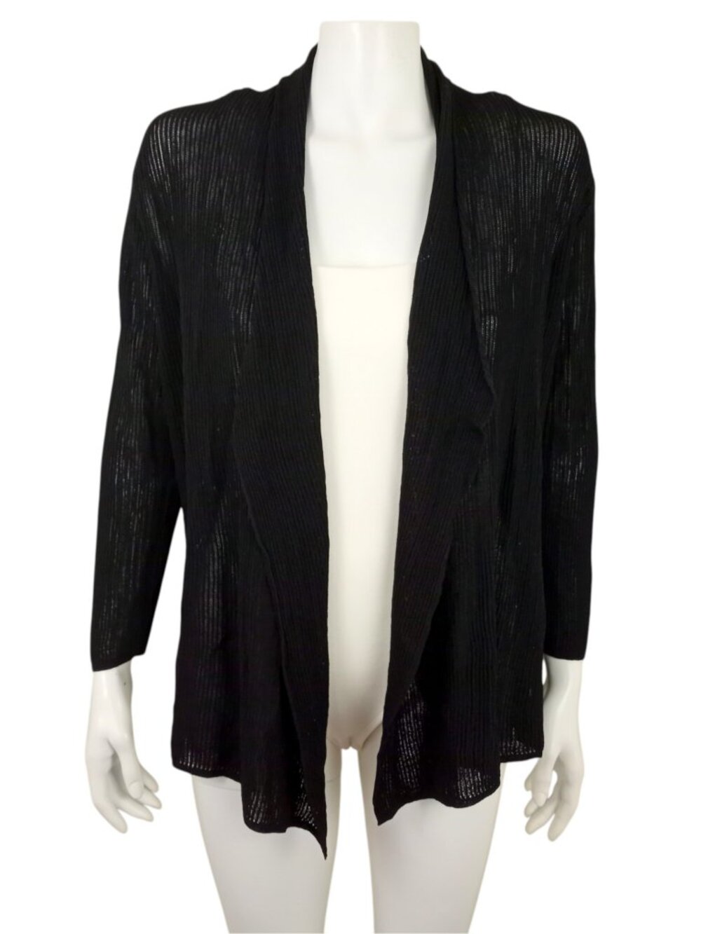 Coldwater Creek Black Open Cardigan Womens L 14 Ribbed Open Weave 3/4 Sleeve